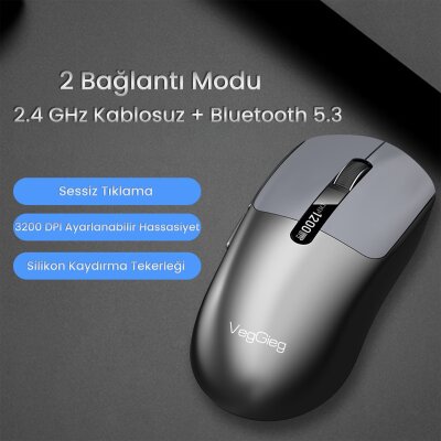 VegGieg G900 Dual-Mode Bluetooth 5.3 ve 2.4GHz 3600DPI Ekranlı Şarjlı Optik Kablosuz Mouse Siyah - 2