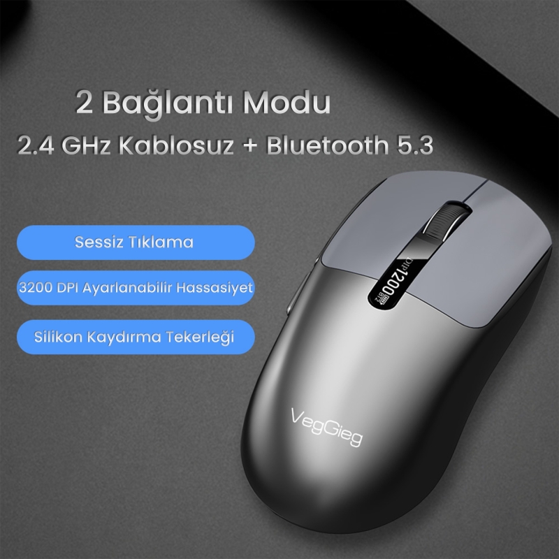 VegGieg G900 Dual-Mode Bluetooth 5.3 ve 2.4GHz 3600DPI Ekranlı Şarjlı Optik Kablosuz Mouse Siyah - 2