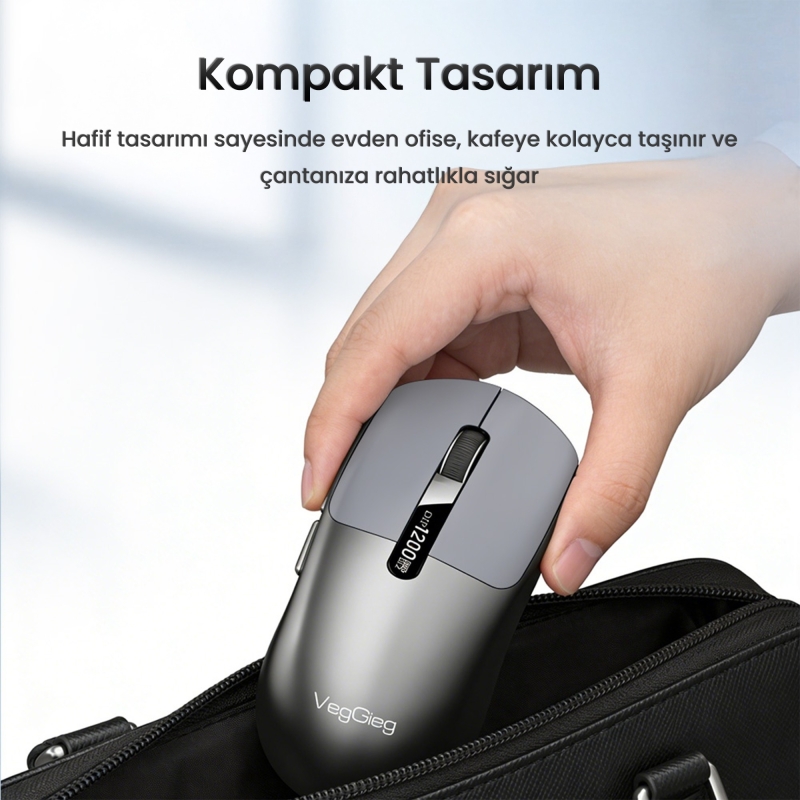 VegGieg G900 Dual-Mode Bluetooth 5.3 ve 2.4GHz 3600DPI Ekranlı Şarjlı Optik Kablosuz Mouse Siyah - 6