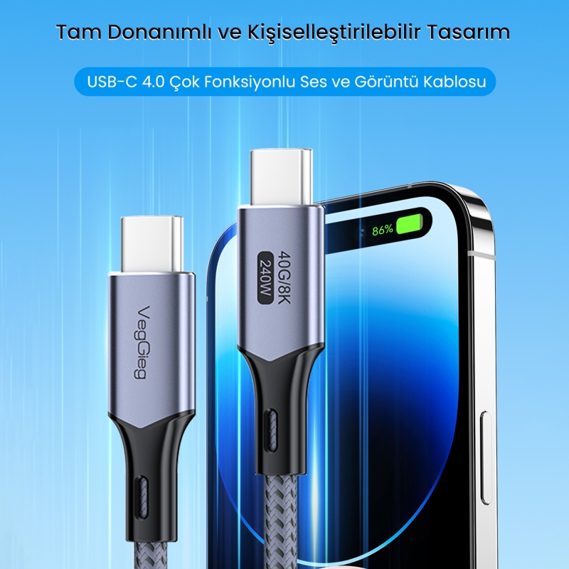 VegGieg USB 4.0 E-Mark 240W 40Gbps Thunderbolt 4 8K 60Hz Type-C Görüntü Hızlı Şarj ve Data Kablosu 2 Metre - 6