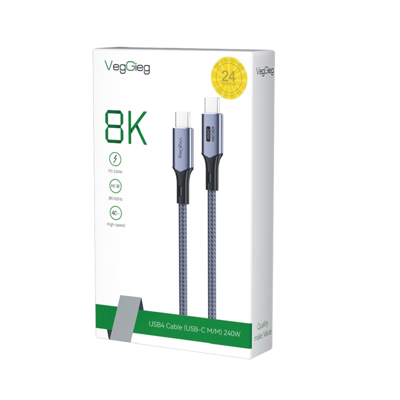 VegGieg USB 4.0 E-Mark 240W 40Gbps Thunderbolt 4 8K 60Hz Type-C Görüntü Hızlı Şarj ve Data Kablosu 2 Metre - 8