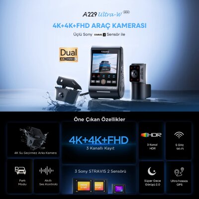 Viofo A229 Ultra-W 3 Kameralı Ön+Arka Su Geçirmez+İç 4K+4K+1080P HDR Sony STARVIS 2 Sensörlü GPS'li Araç Kamerası - 2