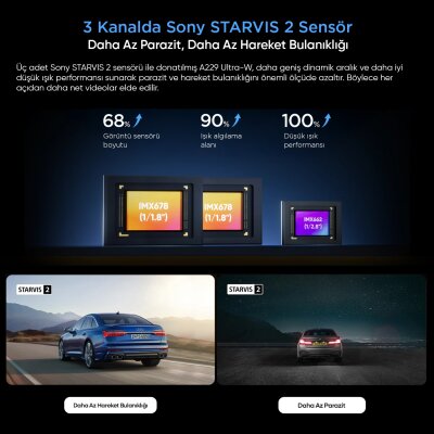 Viofo A229 Ultra-W 3 Kameralı Ön+Arka Su Geçirmez+İç 4K+4K+1080P HDR Sony STARVIS 2 Sensörlü GPS'li Araç Kamerası - 3