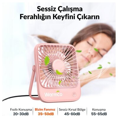 Warmco D1 Masaüstü Vantilatör USB ve Type-C Bağlantılı Taşınabilir Ultra İnce Soğutucu Fan Pembe - 2