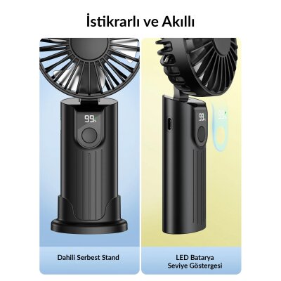 Warmco K38 Ekranlı 4 Kademeli El Vantilatörü 2400mAh Şarjlı Taşınabilir Katlanabilir Standlı Boyun Askılı Soğutucu Fan Pembe - 3