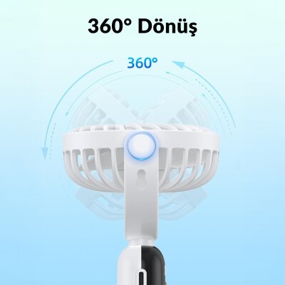 Warmco K70 Taşınabilir Şarjlı El Vantilatörü 2400mAh 360° Döner Başlıklı ve Standlı Dijital Ekranlı Soğutucu Fan Beyaz - 4