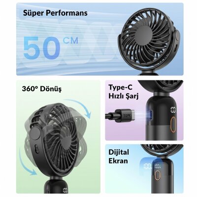 Warmco K70 Taşınabilir Şarjlı El Vantilatörü 2400mAh 360° Döner Başlıklı ve Standlı Dijital Ekranlı Soğutucu Fan Siyah - 2