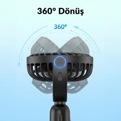 Warmco K70 Taşınabilir Şarjlı El Vantilatörü 2400mAh 360° Döner Başlıklı ve Standlı Dijital Ekranlı Soğutucu Fan Siyah - 4
