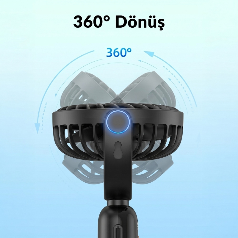Warmco K70 Taşınabilir Şarjlı El Vantilatörü 2400mAh 360° Döner Başlıklı ve Standlı Dijital Ekranlı Soğutucu Fan Siyah - 4