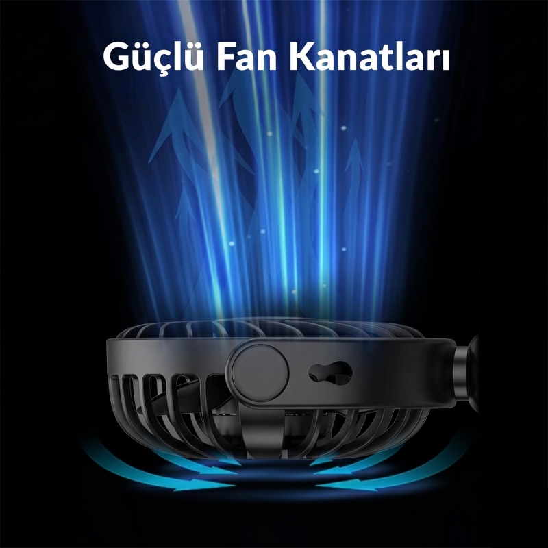 Warmco K70 Taşınabilir Şarjlı El Vantilatörü 2400mAh 360° Döner Başlıklı ve Standlı Dijital Ekranlı Soğutucu Fan Siyah - 5
