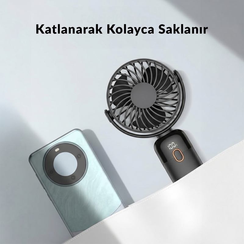 Warmco K70 Taşınabilir Şarjlı El Vantilatörü 2400mAh 360° Döner Başlıklı ve Standlı Dijital Ekranlı Soğutucu Fan Siyah - 6
